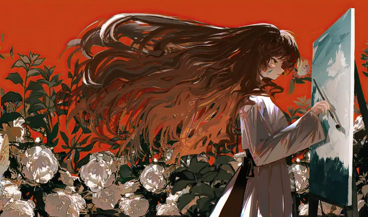 1girl,from_side,profile,bangs,solo,leaf,closed_mouth,very_long_hair,holding,holding_paintbrush,painting_object,brown_hair,plant,horizontal,painting_action,canvas_object,white_flower,white_dress,standing,paintbrush,red_background,palette_object,dress,long_hair,long_sleeves,floating_hair,flower