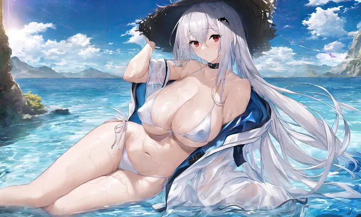 1girl,side-tie_bikini_bottom,breasts,cleavage,cloud,front-tie_top,bangs,see-through,solo,thighs,sky,sun_hat,hair_ornament,jacket,stomach,hat,very_long_hair,outdoors,horizontal,bikini,water,swimsuit,ocean,day,white_hair,white_jacket,white_bikini,looking_at_viewer,string_bikini,red_eyes,halterneck,navel,blush,blue_sky,wet_clothes,wet,open_jacket,open_clothes,large_breasts,collarbone,long_hair,bare_shoulders,off_shoulder,choker,black_choker