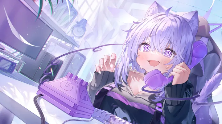 1girl,virtual_youtuber,medium_breasts,breasts,cleavage,upper_body,hood,animal_ears,bangs,solo,hands_up,ahoge,headphones,indoors,tail,hair_between_eyes,open_mouth,phone,holding_phone,holding,monitor,smartphone,corded_phone,chair,plant,horizontal,sweat,hood_down,cat_girl,cat_tail,cat_ears,keyboard_computer,short_hair,cellphone,smile,purple_hair,purple_eyes,animal_ear_fluff,blush,fang,sleeves_past_wrists,hoodie,long_sleeves,black_hoodie,mouse_computer