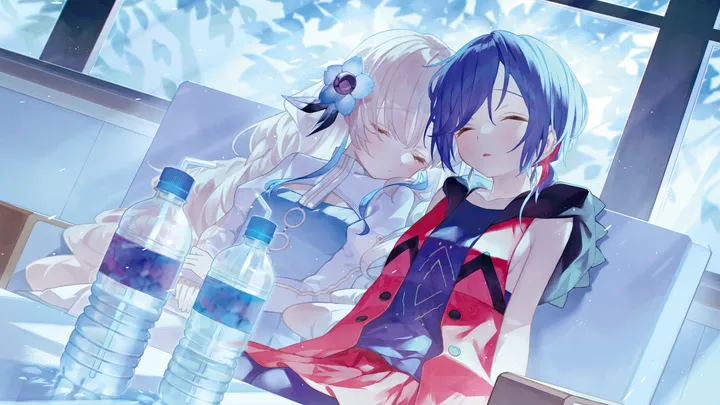 2girls,virtual_youtuber,hood,bangs,closed_eyes,sitting,multiple_girls,hair_flower,hair_ornament,jacket,parted_lips,sleeveless,horizontal,water_bottle,jewelry,bottle,white_hair,sleeping,short_hair,earrings,blue_hair,shirt,dress,long_hair,leaning_on_person,flower