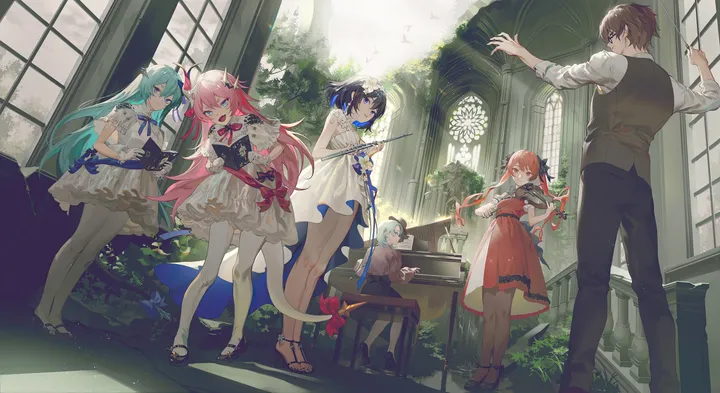 1boy,5girls,instrument,book,full_body,bangs,single_horn,twins,twintails,closed_mouth,sitting,multiple_girls,siblings,hair_ornament,indoors,violin,tail,hair_between_eyes,open_mouth,gloves,holding_instrument,holding,sleeveless,sleeveless_dress,table,brown_hair,chair,horizontal,playing_instrument,white_gloves,white_shirt,white_dress,looking_at_viewer,short_hair,short_sleeves,window,standing,smile,pink_hair,red_hair,vest,blue_hair,blue_eyes,shirt,pants,horns,thighhighs,dress,pantyhose,piano,long_hair,long_sleeves,bare_shoulders,music,flower,black_pants,black_footwear