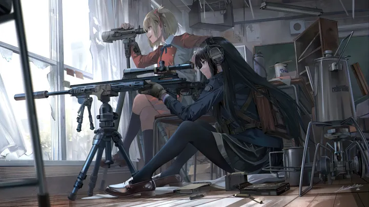 2girls,ribbon,loafers,desk,bangs,kneehighs,two-tone_dress,anti-materiel_rifle,sitting,multiple_girls,hair_ribbon,headphones,headset,bullet,indoors,gloves,holding_weapon,handgun,holding_gun,holding,radio,classroom,gun,school_uniform,brown_footwear,chair,horizontal,rifle,weapon,grey_dress,sniper_rifle,white_shirt,pleated_dress,belt,scope,short_hair,window,curtains,red_ribbon,red_eyes,red_belt,red_dress,blue_ribbon,blue_dress,shirt,socks,dress,pantyhose,blonde_hair,long_hair,long_sleeves,shoes,neck_ribbon,black_hair,black_gloves,black_socks,black_pantyhose