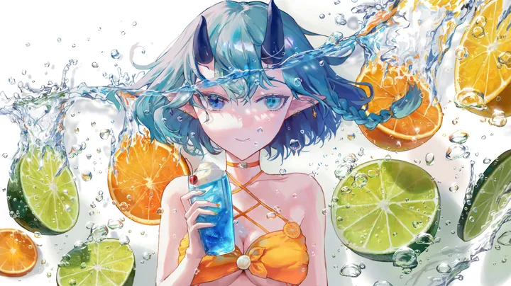 1girl,orange_slice,braid,medium_breasts,breasts,cleavage,upper_body,bangs,solo,single_braid,drinking_straw,closed_mouth,pointy_ears,holding_cup,holding,cup,lemon,lemon_slice,horizontal,orange_fruit,orange_bikini,bikini,water,fruit,swimsuit,jewelry,white_background,looking_at_viewer,short_hair,smile,earrings,blue_hair,blue_eyes,horns,collarbone,bare_shoulders,choker,food