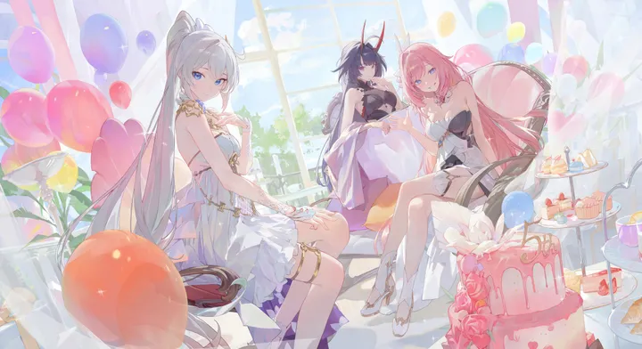 3girls,breasts,cleavage,cloud,crossed_legs,full_body,cake_slice,bangs,closed_mouth,sitting,multiple_girls,cloudy_sky,sky,pointy_ears,indoors,hair_between_eyes,sleeveless,sleeveless_dress,table,chair,horizontal,balloon,white_hair,white_dress,white_footwear,plate,looking_at_viewer,window,smile,pink_hair,elf,purple_hair,purple_eyes,blue_sky,blue_eyes,cake,horns,dress,long_hair,bare_shoulders,food,ponytail