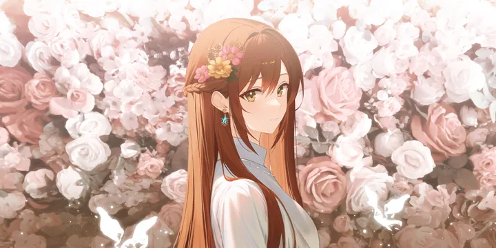 1girl,braid,upper_body,from_side,bangs,solo,closed_mouth,hair_flower,hair_ornament,hair_between_eyes,brown_hair,brown_eyes,horizontal,rose,jewelry,white_rose,white_flower,white_shirt,looking_to_the_side,looking_at_viewer,pink_rose,pink_flower,earrings,shirt,long_hair,flower,yellow_eyes,yellow_flower