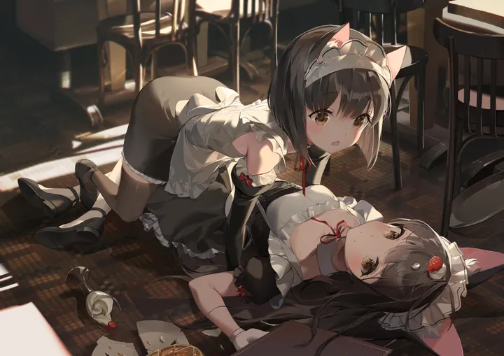 2girls,ribbon,medium_breasts,breasts,cleavage,on_back,animal_ears,bangs,closed_mouth,all_fours,apron,on_floor,multiple_girls,hair_ornament,girl_on_top,maid,maid_headdress,indoors,open_mouth,gloves,sleeveless,wooden_floor,cup,table,brown_eyes,chair,horizontal,fruit,spill,cat_ears,white_apron,white_gloves,yuri,looking_at_another,short_hair,short_sleeves,red_ribbon,animal_ear_fluff,blush,frills,frilled_apron,strawberry,strawberry_hair_ornament,puffy_short_sleeves,puffy_sleeves,lying,thighhighs,dress,drinking_glass,long_hair,elbow_gloves,shoes,neck_ribbon,food,food-themed_hair_ornament,black_hair,black_gloves,black_dress,black_footwear