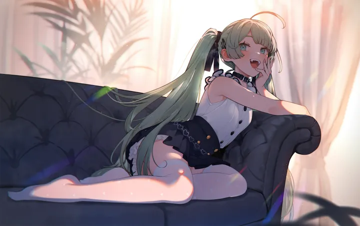 1girl,ribbon,upper_teeth_only,light_particles,full_body,bangs,solo,twintails,ahoge,on_couch,sitting,hair_ribbon,indoors,open_mouth,very_long_hair,head_rest,hand_on_own_cheek,hand_on_own_face,sleeveless,sleeveless_shirt,depth_of_field,plant,blurry,horizontal,aqua_hair,aqua_eyes,couch,no_shoes,teeth,white_shirt,white_thighhighs,looking_at_viewer,skirt,curtains,smile,buttons,green_hair,blush,frills,frilled_skirt,blue_eyes,bow,shirt,bare_arms,thighhighs,miniskirt,backlighting,long_hair,sunlight,bare_shoulders,collar,high-waist_skirt,black_ribbon,black_skirt