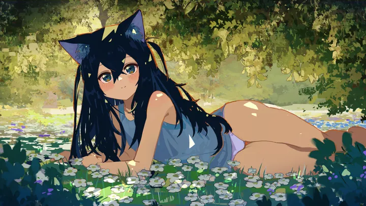 1girl,on_side,animal_ears,underwear,panties,bangs,solo,closed_mouth,hair_between_eyes,outdoors,sleeveless,tank_top,horizontal,no_pants,cat_girl,cat_ears,day,white_flower,looking_at_viewer,smile,pink_panties,purple_panties,animal_ear_fluff,blush,grass,blue_eyes,blue_tank_top,blue_shirt,shirt,bare_legs,bare_arms,lying,long_hair,sunlight,bare_shoulders,flower,black_hair