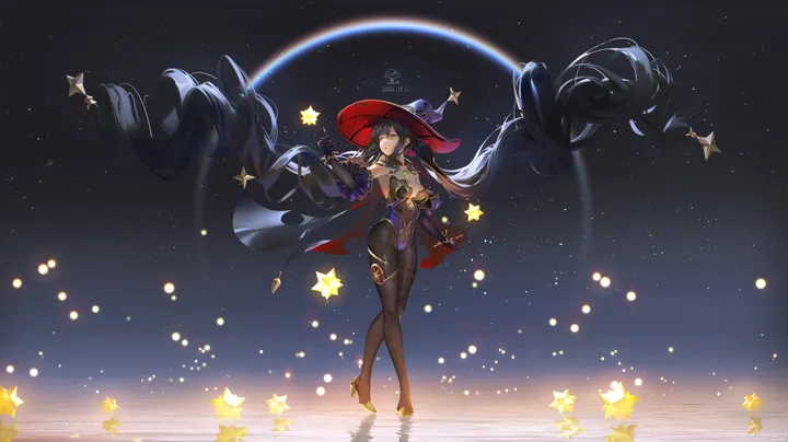 1girl,detached_sleeves,medium_breasts,breasts,full_body,bangs,solo,twintails,thighlet,sky,witch_hat,capelet,hat,very_long_hair,gloves,cape,star_symbol,star_earrings,star_sky,starry_sky,horizontal,water,floating,jewelry,looking_at_viewer,standing,leotard,purple_leotard,earrings,absurdly_long_hair,bodystocking,pantyhose,gold_trim,long_hair,elbow_gloves,floating_hair,highleg,highleg_leotard,high_heels,black_hair,black_gloves,black_pantyhose