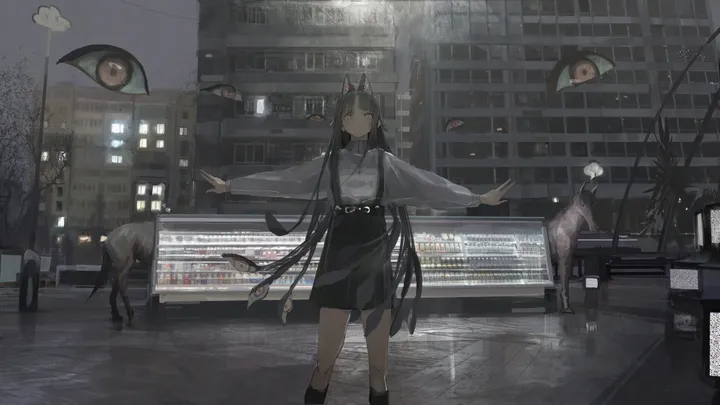 1girl,outstretched_arms,spread_arms,animal_ears,bangs,animal,solo,kneehighs,closed_mouth,night,building,very_long_hair,outdoors,tree,brown_eyes,horizontal,white_shirt,looking_at_viewer,skirt,standing,red_eyes,shirt,socks,lamppost,long_hair,long_sleeves,rain,black_hair,black_skirt