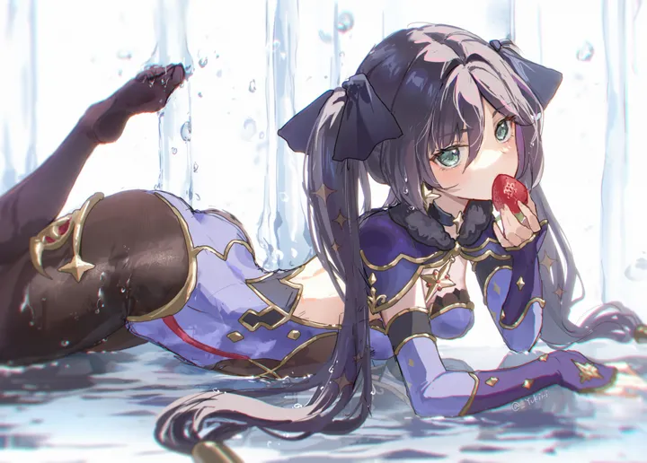 1girl,detached_sleeves,ribbon,breasts,bangs,solo,no_headwear,twintails,eating,thighlet,hair_ribbon,hair_ornament,ass,hair_between_eyes,gloves,holding,holding_fruit,holding_food,star_symbol,horizontal,water,fruit,water_drop,no_shoes,jewelry,looking_at_viewer,leotard,green_eyes,feet_up,strawberry,blue_leotard,wet,on_stomach,lying,bodystocking,pantyhose,gold_trim,long_hair,food,black_hair,black_pantyhose