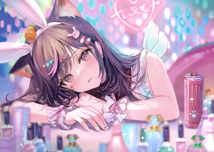 1girl,virtual_youtuber,rabbit_ears,rabbit_hair_ornament,animal_ears,bangs,fake_animal_ears,solo,hairclip,hairband,multicolored_hair,hair_ornament,makeup,parted_lips,heart,nail_polish,streaked_hair,swept_bangs,sleeveless,can,depth_of_field,brown_hair,blurry,blurry_background,horizontal,cat_ears,bottle,white_hairband,looking_at_viewer,pink_hair,pink_eyes,wrist_cuffs,wings,animal_ear_fluff,carrot_hair_ornament,blush,long_hair,bare_shoulders,food-themed_hair_ornament,black_hair