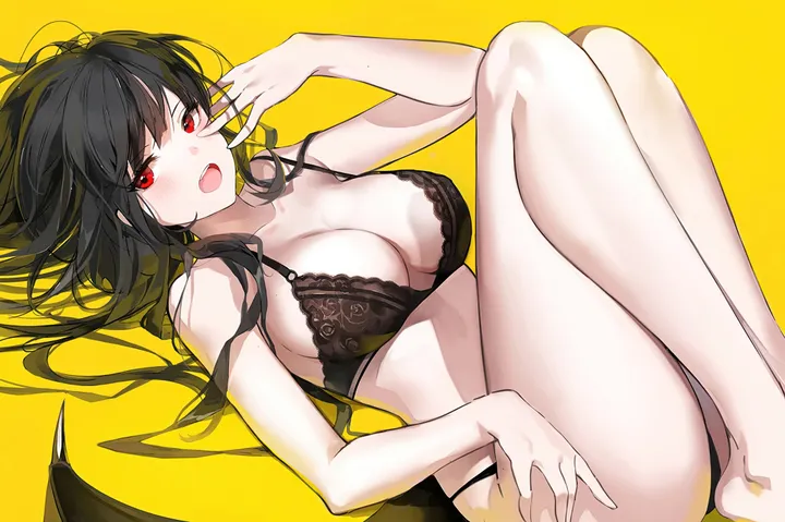 1girl,breasts,cleavage,underwear_only,on_back,underwear,panties,bangs,solo,vampire,thighs,lingerie,open_mouth,demon_wings,hand_up,knees_up,simple_background,horizontal,looking_at_viewer,red_eyes,wings,bra,blush,lace-trimmed_bra,lace_trim,bare_legs,bare_arms,barefoot,lying,large_breasts,collarbone,long_hair,bare_shoulders,yellow_background,black_panties,black_hair,black_bra