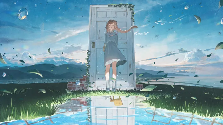 1girl,braid,twin_braids,cloud,bangs,solo,reflection,leaf,sky,wide_shot,outdoors,school_uniform,brown_hair,brown_eyes,horizontal,water,sailor_collar,white_socks,skirt,standing,grass,blue_sky,socks,dress,long_hair,wind,scenery