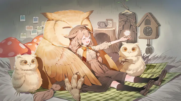 1girl,braid,twin_braids,animal_ears,bangs,animal,solo,kneehighs,closed_eyes,suspender_skirt,sitting,oversized_animal,hat,open_mouth,very_long_hair,clock,brown_hair,brown_headwear,brown_skirt,brown_footwear,horizontal,blanket,owl,white_shirt,skirt,smile,suspenders,bow,shirt,socks,beret,long_hair,long_sleeves,shoes,bowtie,bird,yellow_bow,yellow_bowtie,black_skirt