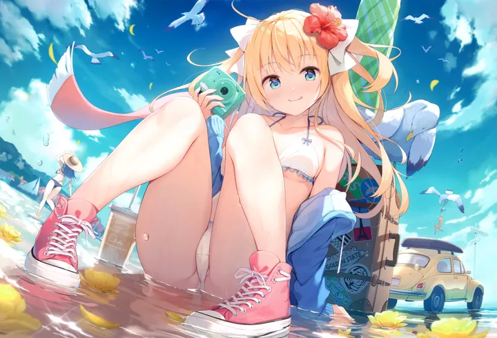 2girls,medium_breasts,breasts,cloud,bangs,animal,tongue_out,closed_mouth,ground_vehicle,sitting,multiple_girls,thighs,sky,hair_flower,hair_ornament,jacket,two_side_up,ass,hat,outdoors,holding_camera,holding_cup,hibiscus,knees_up,holding,motor_vehicle,cup,horizontal,bikini,water,car,swimsuit,ocean,seagull,camera,day,white_bikini,looking_at_viewer,smile,pink_footwear,string_bikini,halterneck,blush,tongue,petals,blue_sky,blue_jacket,blue_eyes,bow,hair_bow,cameltoe,wet,bare_legs,open_jacket,open_clothes,small_breasts,sneakers,blonde_hair,collarbone,long_hair,long_sleeves,bare_shoulders,off_shoulder,shoes,disposable_cup,flower,bird