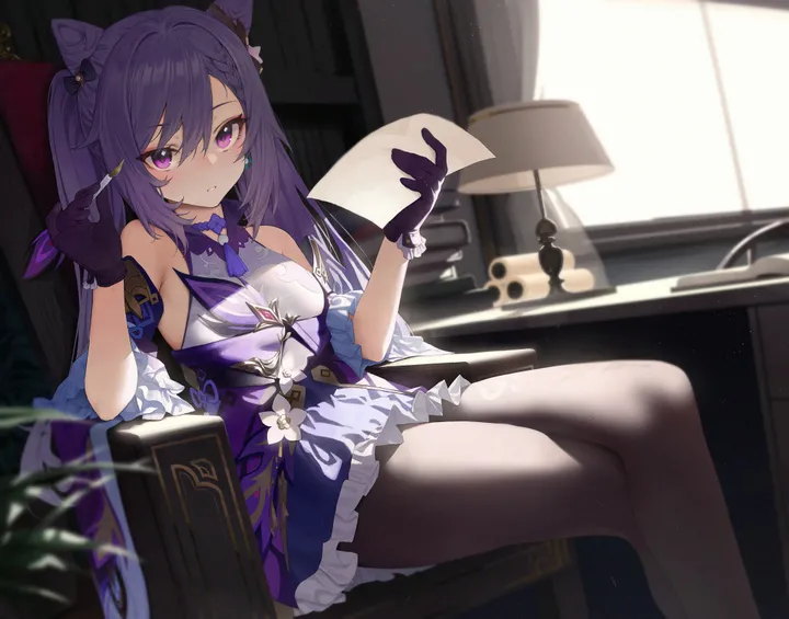 1girl,double_bun,braid,detached_sleeves,medium_breasts,desk,breasts,crossed_legs,bangs,solo,feet_out_of_frame,twintails,closed_mouth,hair_bun,on_chair,sitting,hair_ornament,indoors,hair_between_eyes,gloves,holding,holding_pen,holding_paper,sleeveless,brown_pantyhose,chair,blurry,horizontal,tassel,lamp,cone_hair_bun,jewelry,looking_at_viewer,skirt,window,curtains,pen,purple_hair,purple_gloves,purple_eyes,purple_dress,paper,earrings,blush,frills,frilled_gloves,frilled_skirt,frilled_sleeves,frilled_dress,bow,hair_bow,dress,pantyhose,long_hair,bare_shoulders,choker,neck_tassel,flower,black_pantyhose