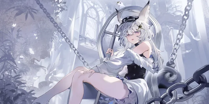 1girl,x_hair_ornament,animal_ears,bangs,solo,feet_out_of_frame,sitting,hair_ornament,hat,open_mouth,holding,chair,horizontal,fur_trim,white_hair,white_headwear,white_dress,looking_at_viewer,pink_eyes,purple_eyes,animal_ear_fluff,dress,chain,long_hair,long_sleeves,bare_shoulders,off_shoulder,collar,bird