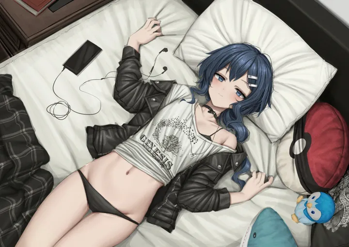 1girl,t-shirt,on_back,from_above,underwear,bra_strap,panties,bangs,solo,hairclip,closed_mouth,on_bed,thigh_gap,hair_ornament,jacket,stomach,bed,bed_sheet,phone,sheet_grab,clothes_lift,smartphone,pillow,horizontal,ass_visible_through_thighs,stuffed_animal,stuffed_toy,white_shirt,leather_jacket,looking_at_viewer,cellphone,groin,navel,bra,blush,blue_hair,blue_eyes,shirt,open_jacket,open_clothes,lying,collarbone,long_hair,long_sleeves,off_shoulder,choker,black_panties,black_jacket,black_bra,black_choker