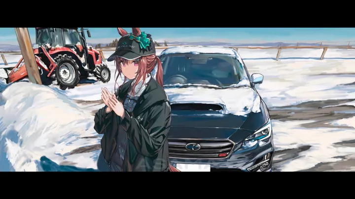 1girl,animal_ears,bangs,solo,own_hands_together,closed_mouth,ground_vehicle,coat,sidelocks,jacket,tail,hat,outdoors,ears_through_headwear,collared_shirt,motor_vehicle,baseball_cap,brown_hair,horizontal,car,letterboxed,day,white_shirt,looking_at_viewer,pink_eyes,purple_eyes,bow,shirt,open_jacket,open_clothes,sports_car,vehicle_focus,long_hair,long_sleeves,snow,horse_girl,horse_tail,ponytail,horse_ears,black_headwear,black_jacket