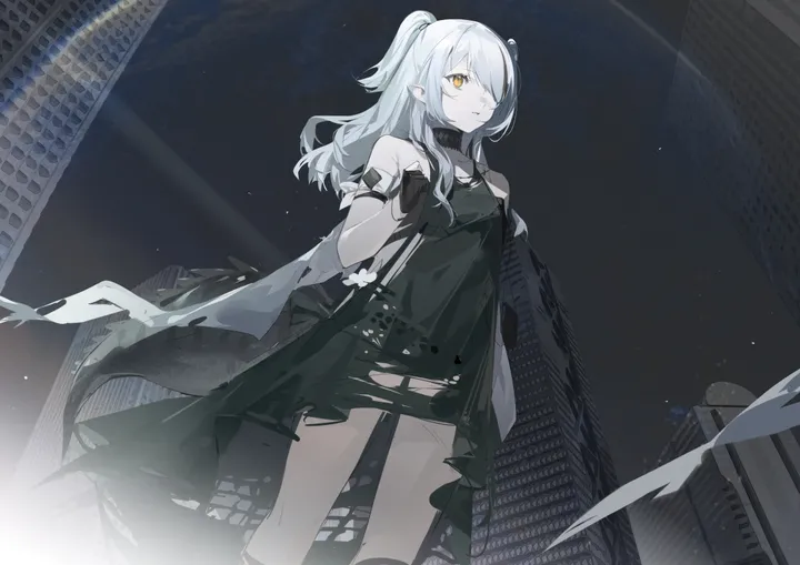 1girl,from_below,bangs,solo,multicolored_hair,night,sky,hair_over_one_eye,pointy_ears,official_alternate_costume,two_side_up,tail,building,outdoors,gloves,streaked_hair,horizontal,grey_hair,white_hair,torn_clothes,standing,dress,long_hair,bare_shoulders,crocodilian_tail,yellow_eyes,black_gloves,black_dress