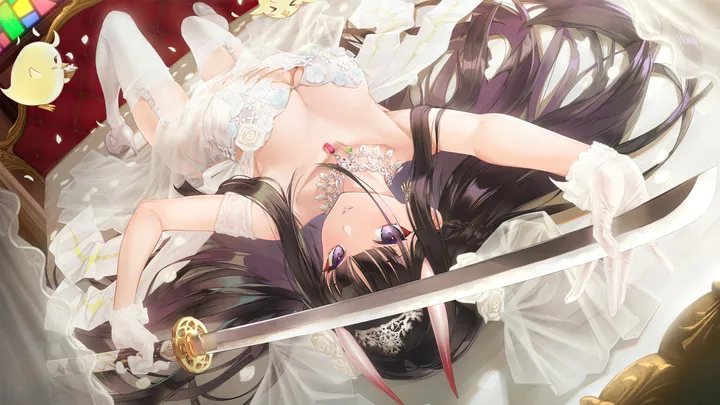 1girl,breasts,cleavage,on_back,upside-down,sword,see-through,solo,garter_straps,wedding_dress,bridal_veil,very_long_hair,gloves,holding_sword,holding_weapon,holding,bride,strapless_dress,katana,horizontal,weapon,rose,jewelry,white_gloves,white_rose,white_flower,white_thighhighs,white_dress,white_footwear,tiara,looking_at_viewer,purple_eyes,earrings,petals,horns,lying,large_breasts,thighhighs,dress,long_hair,bare_shoulders,veil,necklace,high_heels,oni_horns,flower,black_hair