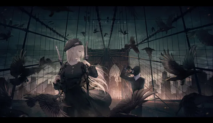 1girl,1boy,crow,cloud,bangs,sword,animal,cross_necklace,cross,night,sky,jacket,hat,building,very_long_hair,outdoors,holding_weapon,latin_cross,holding_gun,holding,katana,gun,fence,horizontal,weapon,jewelry,letterboxed,looking_away,standing,weapon_on_back,pants,dress,blonde_hair,long_hair,long_sleeves,necklace,food,bird,black_hair,black_headwear,black_jacket,black_dress