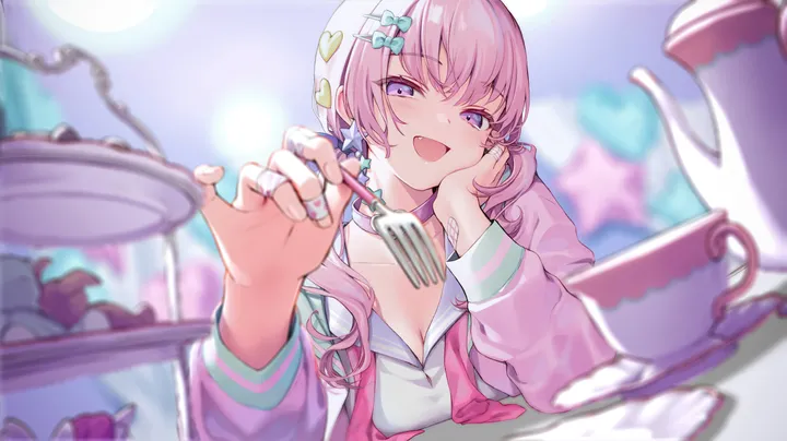 1girl,virtual_youtuber,breasts,cleavage,upper_body,bangs,bandaid,blurry_foreground,solo,twintails,hair_ornament,jacket,hat,open_mouth,heart,bandaid_on_hand,hand_on_own_face,holding,holding_fork,depth_of_field,cup,blurry,blurry_background,horizontal,sailor_collar,spoon,jewelry,white_shirt,looking_at_viewer,smile,pink_hair,pink_jacket,pink_sailor_collar,purple_eyes,blush,teacup,fang,bow,hair_bow,shirt,open_jacket,open_clothes,large_breasts,collarbone,long_hair,long_sleeves,choker,food,fork