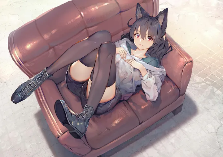 1girl,on_back,hood,full_body,animal_ears,bangs,solo,closed_mouth,hair_between_eyes,horizontal,couch,fox_ears,looking_at_viewer,shorts,short_shorts,red_eyes,animal_ear_fluff,shirt,lying,thighhighs,hoodie,long_hair,long_sleeves,boots,off_shoulder,black_hair,black_shorts,black_thighhighs,black_footwear