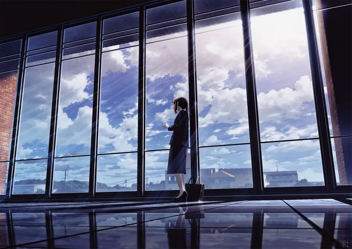 1girl,school_bag,cloud,bag,solo,reflection,cloudy_sky,sky,indoors,contrail,wide_shot,building,outdoors,holding,school_uniform,horizontal,serafuku,power_lines,day,pleated_skirt,short_hair,skirt,window,standing,signature,blue_sky,long_sleeves,sunlight,shoes,scenery,ponytail,black_hair