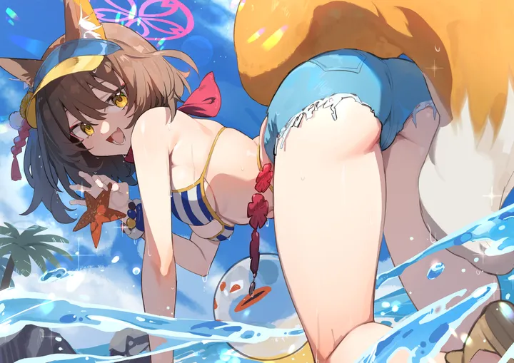 1girl,medium_breasts,breasts,cloud,animal_ears,bangs,solo,all_fours,looking_back,scarf,thighs,halo,sky,micro_shorts,tail,ass,open_mouth,outdoors,striped,striped_bikini,tree,brown_hair,horizontal,bikini,water,swimsuit,ocean,starfish,cutoffs,denim,denim_shorts,fox_girl,fox_tail,fox_shadow_puppet,fox_ears,day,looking_at_viewer,eyeshadow,short_hair,shorts,smile,short_shorts,animal_ear_fluff,from_behind,blue_sky,fang,wet,visor_cap,bare_shoulders,yellow_eyes