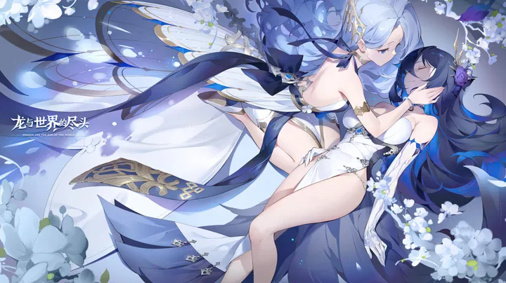 2girls,breasts,side_slit,closed_eyes,multiple_girls,hair_flower,hair_ornament,very_long_hair,gloves,horizontal,white_gloves,white_dress,yuri,looking_at_another,blue_hair,blue_eyes,large_breasts,dress,long_hair,elbow_gloves,bare_shoulders,backless_outfit,backless_dress,flower,black_hair