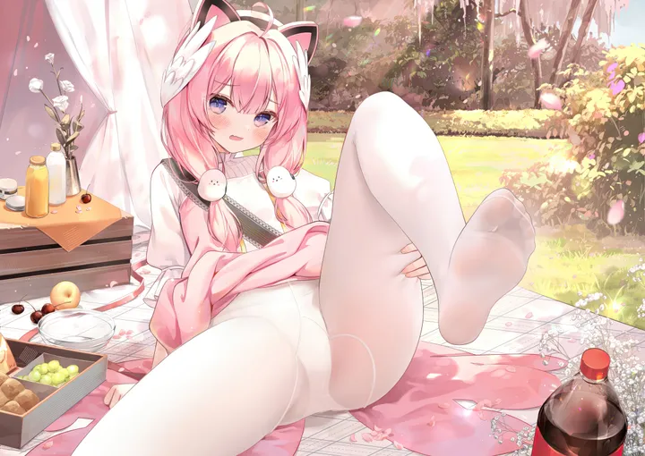 1girl,animal_ears,underwear,panties,spread_legs,bangs,solo,twintails,ahoge,hair_ornament,open_mouth,horizontal,no_shoes,bottle,white_panties,white_pantyhose,looking_at_viewer,panties_under_pantyhose,smile,pink_hair,pink_dress,purple_eyes,feet,soles,toes,blush,petals,blue_eyes,dress,pantyhose,long_hair,food,flower