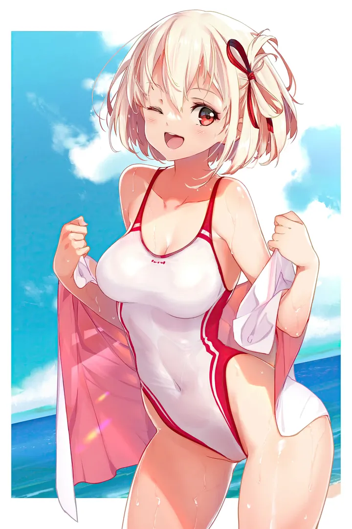 1girl,one-piece_swimsuit,cowboy_shot,ribbon,medium_breasts,breasts,cleavage,cloud,bangs,solo,one_side_up,horizon,thighs,sky,hair_ribbon,open_mouth,outdoors,holding,towel,water,bob_cut,swimsuit,ocean,beach,day,white_one-piece_swimsuit,looking_at_viewer,short_hair,vertical,smile,red_ribbon,red_eyes,blush,blue_sky,wet,competition_swimsuit,large_breasts,blonde_hair,collarbone,one_eye_closed,covered_navel,bare_shoulders,highleg_swimsuit,highleg