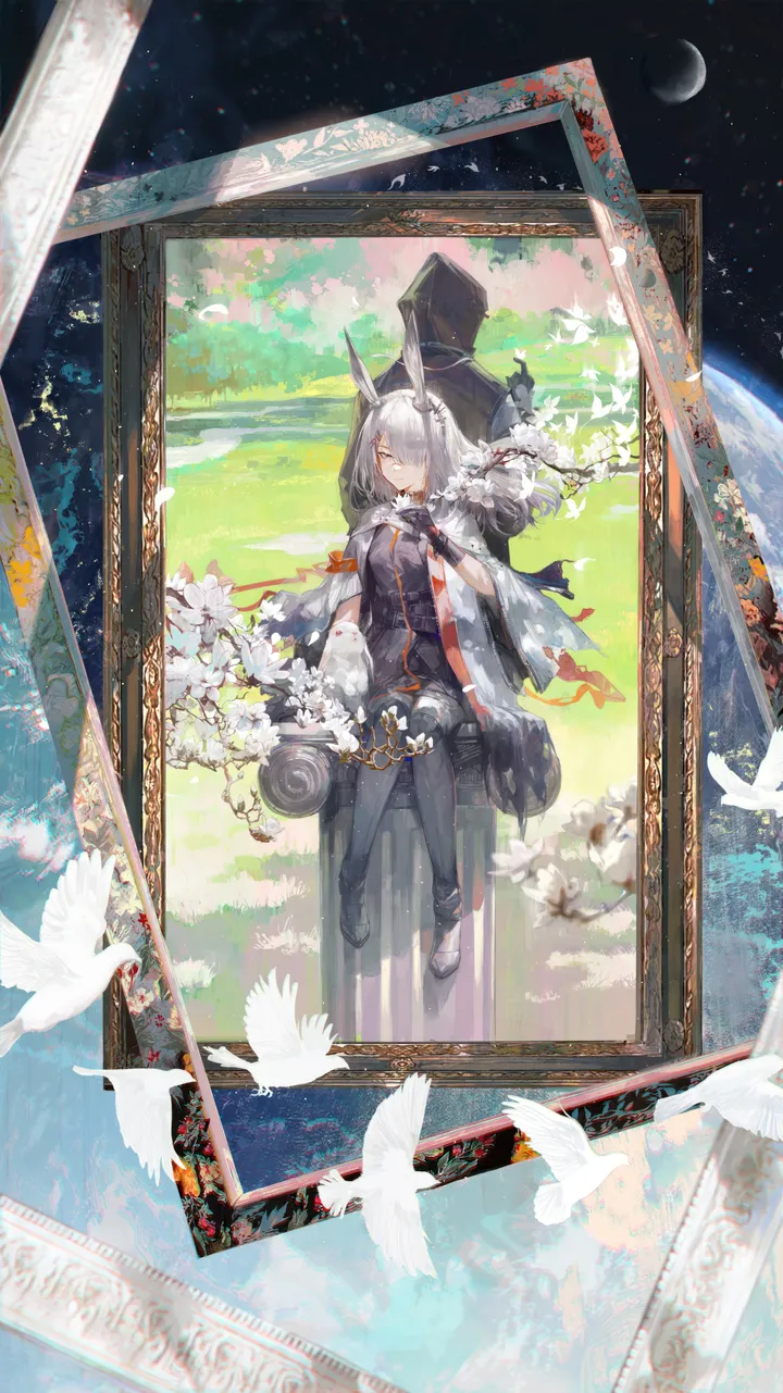 1girl,scar,rabbit_ears,full_body,animal_ears,solo,closed_eyes,sitting,tarot,coat,hair_over_one_eye,gloves,hand_up,holding,moon,grey_hair,grey_eyes,white_coat,white_hair,white_flower,looking_at_viewer,vertical,scar_on_face,thighhighs,dress,long_hair,flower,bird,black_gloves,black_dress,black_footwear