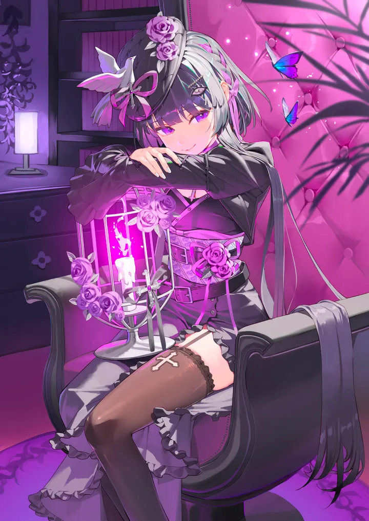 1girl,breasts,bangs,solo,garter_straps,closed_mouth,sitting,multicolored_hair,hair_ornament,indoors,hat_flower,hat,very_long_hair,nail_polish,chair,rose,looking_at_viewer,vertical,smile,cage,purple_hair,purple_eyes,purple_flower,purple_dress,bug,butterfly,thighhighs,dress,long_hair,long_sleeves,flower,birdcage,black_hair,black_headwear,black_thighhighs