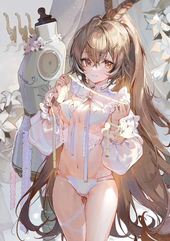 1girl,virtual_youtuber,ribbon,medium_breasts,breasts,underwear,panties,bangs,solo,hairclip,ahoge,closed_mouth,multicolored_hair,thigh_strap,thigh_gap,hair_ornament,stomach,hair_between_eyes,very_long_hair,streaked_hair,brown_hair,brown_eyes,ass_visible_through_thighs,white_panties,white_bow,looking_at_viewer,alternate_costume,vertical,smile,feathers,feather_hair_ornament,navel,blush,frills,puffy_sleeves,bow,shirt,long_hair,long_sleeves,ponytail,flower