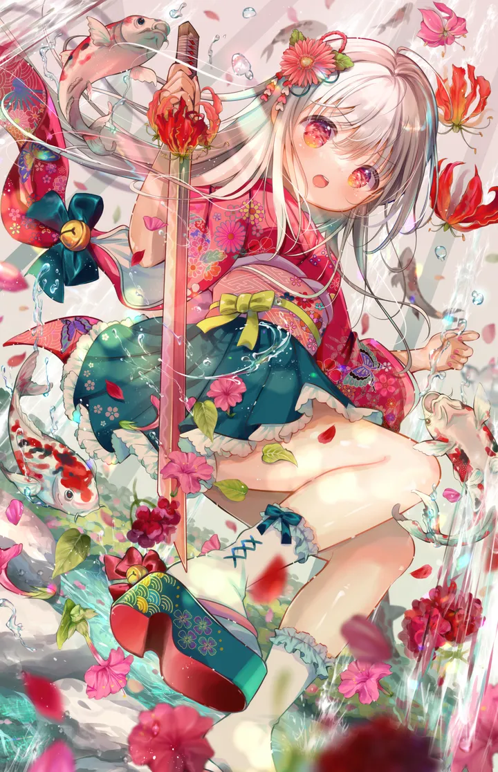 1girl,bangs,sword,animal,solo,kimono,obi,hair_flower,hair_ornament,wide_sleeves,hair_between_eyes,open_mouth,very_long_hair,holding_sword,holding_weapon,holding,japanese_clothes,sash,weapon,water,jingle_bell,white_socks,pleated_skirt,looking_at_viewer,skirt,vertical,smile,red_kimono,red_eyes,red_flower,green_skirt,green_bow,blush,floral_print,petals,bow,socks,bell,long_hair,long_sleeves,fish,flower