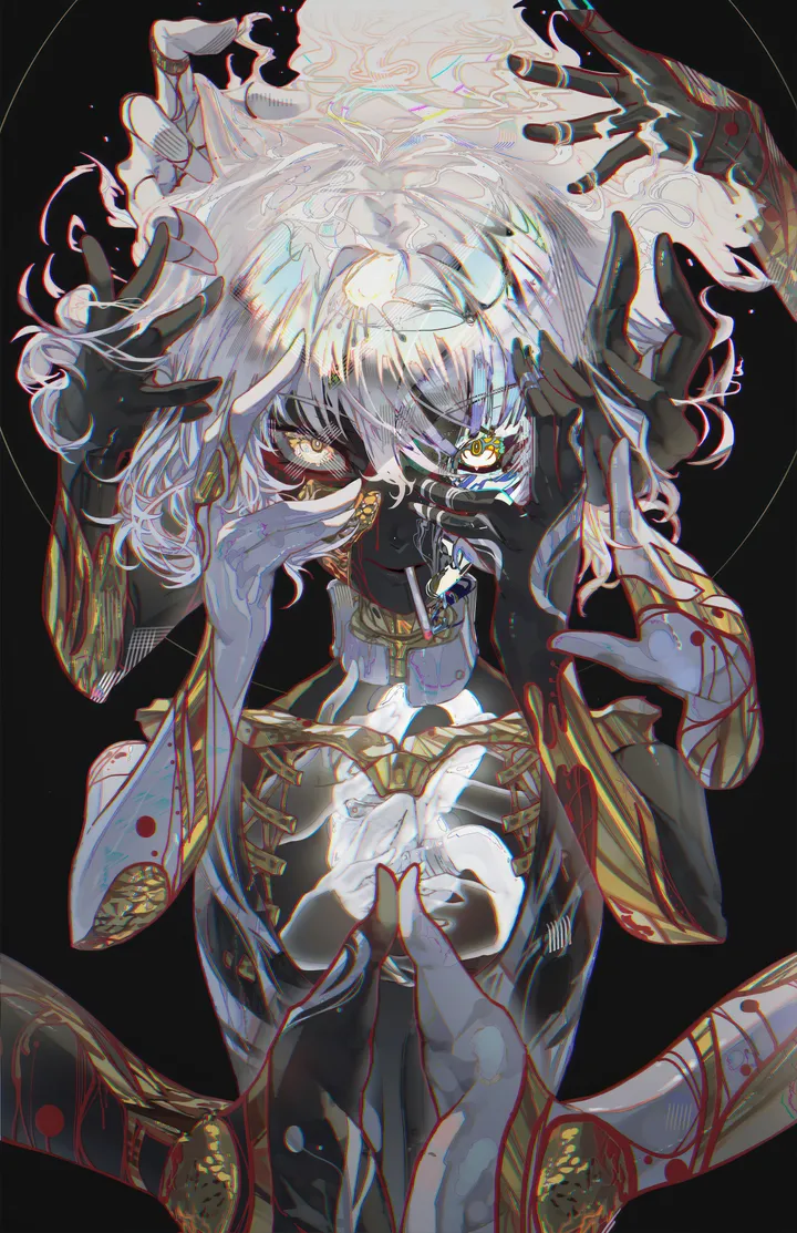 1girl,1other,upper_body,bangs,solo,hands_up,disembodied_limb,simple_background,white_hair,looking_at_viewer,short_hair,vertical,blood,yellow_eyes,black_background