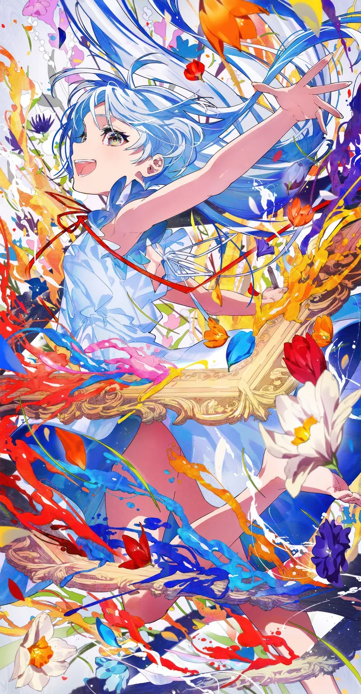 1girl,ribbon,colorful,upper_teeth_only,outstretched_arms,bangs,solo,leg_up,open_mouth,sleeveless,sleeveless_dress,teeth,white_flower,white_dress,picture_frame,looking_at_viewer,vertical,smile,red_ribbon,red_flower,blue_hair,bare_arms,barefoot,dress,long_hair,bare_shoulders,neck_ribbon,floating_hair,flower,yellow_eyes