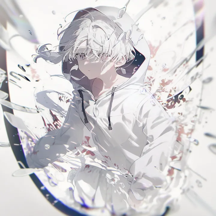 1girl,1boy,hood,bangs,solo,closed_mouth,hood_up,blurry,water_drop,bubble,grey_eyes,male_focus,white_theme,white_hair,white_background,white_hoodie,looking_at_viewer,short_hair,vertical,hoodie,long_sleeves