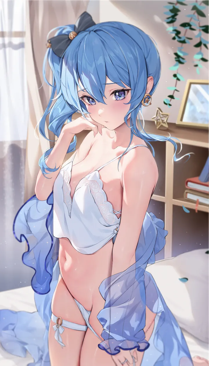 1girl,virtual_youtuber,book,breasts,cleavage,side_ponytail,underwear,panties,bangs,see-through,solo,closed_mouth,thighs,thigh_strap,camisole,indoors,stomach,hair_between_eyes,ring,hand_up,star_symbol,star_in_eye,pillow,jewelry,white_panties,looking_at_viewer,symbol_in_eye,window,curtains,vertical,earrings,navel,spaghetti_strap,blush,blue_hair,blue_eyes,bow,hair_bow,strap_slip,panty_pull,kneeling,small_breasts,collarbone,long_hair,bare_shoulders