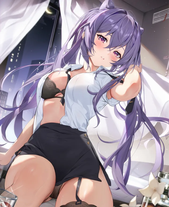 1girl,double_bun,braid,medium_breasts,breasts,cleavage,underwear,panties,bangs,solo,single_thighhigh,twintails,garter_straps,hair_bun,sitting,night,night_sky,thighs,sidelocks,office_lady,contemporary,indoors,hair_between_eyes,very_long_hair,parted_lips,hand_up,crescent_moon,moon,collared_shirt,cone_hair_bun,white_flower,white_shirt,looking_at_viewer,short_sleeves,skirt,alternate_costume,window,curtains,vertical,purple_hair,purple_eyes,bra,blush,shirt,open_clothes,open_shirt,large_breasts,thighhighs,pencil_skirt,long_hair,necktie,flower,black_panties,black_skirt,black_bra,black_thighhighs,black_necktie