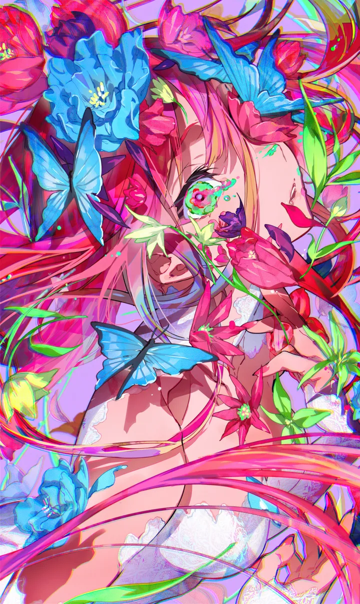 1girl,one_eye_covered,breasts,colorful,upper_body,bangs,solo,multicolored_hair,multicolored_eyes,hair_flower,hair_ornament,parted_lips,fingernails,nail_polish,white_dress,looking_at_viewer,flower_over_eye,eyelashes,vertical,pink_hair,pink_nails,pink_eyes,purple_flower,red_hair,red_flower,chromatic_aberration,petals,blue_flower,blue_butterfly,bug,butterfly,dress,long_hair,bare_shoulders,floating_hair,flower