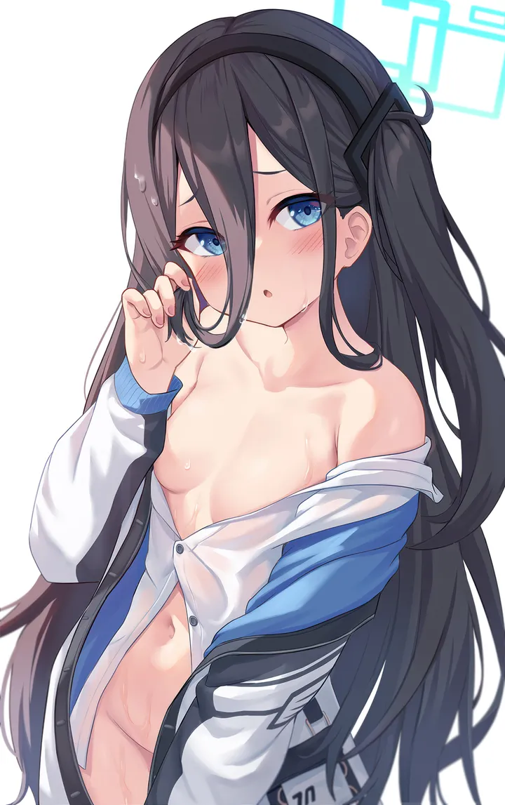 1girl,breasts,bangs,solo,hairband,one_side_up,multicolored_jacket,multicolored_clothes,halo,jacket,hair_between_eyes,very_long_hair,parted_lips,simple_background,sweat,white_background,white_shirt,looking_at_viewer,vertical,groin,navel,blush,blue_eyes,shirt,wet,open_jacket,open_clothes,small_breasts,collarbone,long_hair,long_sleeves,bare_shoulders,off_shoulder,black_hairband,black_hair