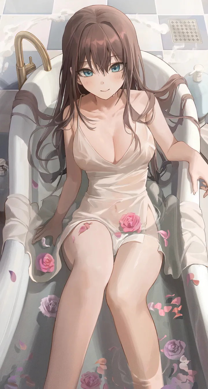 1girl,breasts,cleavage,from_above,bathing,bangs,see-through,solo,feet_out_of_frame,closed_mouth,sitting,thighs,indoors,hair_between_eyes,sleeveless,sleeveless_dress,brown_hair,water,petals_on_liquid,bath,bathtub,wet_dress,rose,rose_petals,tiles,tile_wall,white_dress,looking_at_viewer,vertical,smile,pink_rose,pink_flower,spaghetti_strap,blush,petals,blue_eyes,wet_clothes,wet,bare_arms,large_breasts,hair_intakes,dress,see-through_dress,partially_submerged,collarbone,long_hair,bare_shoulders,flower