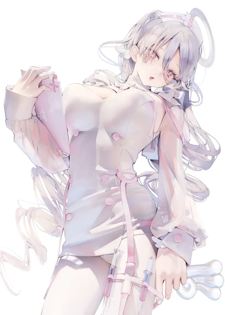 1girl,breasts,cleavage,bangs,see-through,solo,thigh_strap,halo,hat,hair_between_eyes,open_mouth,nurse,nurse_cap,holding,simple_background,syringe,white_theme,white_hair,white_background,white_dress,white_pantyhose,looking_at_viewer,vertical,pink_eyes,large_breasts,dress,pantyhose,long_hair,long_sleeves