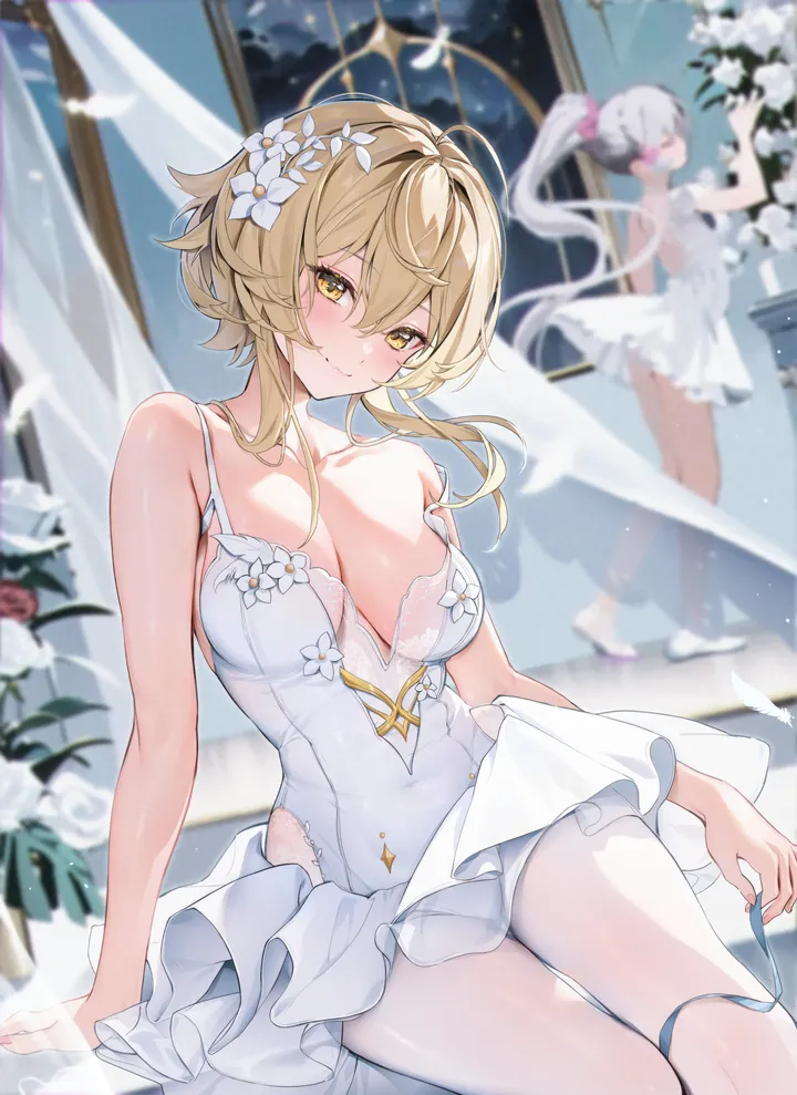 2girls,ribbon,breasts,cleavage,bangs,solo_focus,leaning_to_the_side,closed_mouth,sitting,multiple_girls,thighs,hair_flower,hair_ornament,sidelocks,indoors,short_hair_with_long_locks,hair_between_eyes,arm_support,sleeveless,blurry,rose,white_hair,white_flower,white_dress,white_pantyhose,white_leotard,lily_flower,looking_at_viewer,alternate_costume,window,curtains,vertical,smile,leotard,feathers,blush,ballerina,ballet,tutu,ballet_slippers,frills,strap_slip,bare_arms,large_breasts,dress,pantyhose,blonde_hair,collarbone,long_hair,covered_navel,bare_shoulders,ponytail,flower,yellow_eyes