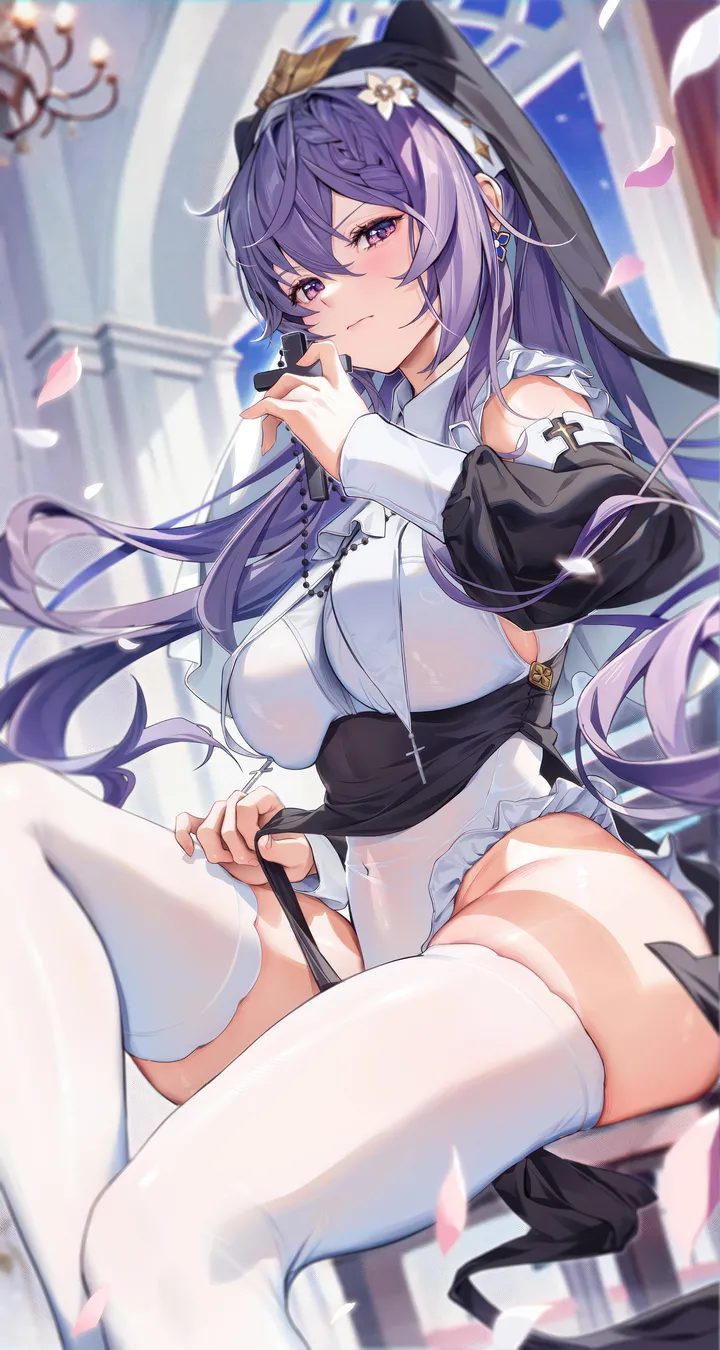 1girl,detached_sleeves,breast_curtains,breasts,nun,habit,bangs,cross_necklace,cross,solo,closed_mouth,hair_bun,sitting,thighs,hair_ornament,indoors,frilled_leotard,hair_between_eyes,church,blurry,blurry_background,jewelry,white_thighhighs,white_leotard,looking_at_viewer,alternate_costume,vertical,smile,leotard,purple_hair,purple_eyes,earrings,blush,petals,frills,falling_petals,large_breasts,thighhighs,long_hair,long_sleeves,covered_navel,bare_shoulders,veil,necklace,flower