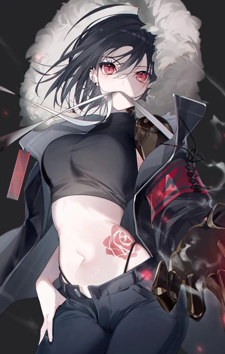 1girl,cowboy_shot,medium_breasts,breasts,underwear,panties,bangs,solo,jacket,stomach,hair_between_eyes,sleeveless,sleeveless_shirt,sleeveless_turtleneck,fur_trim,smoke,jewelry,mouth_hold,belt,looking_at_viewer,short_hair,piercing,vertical,standing,red_eyes,tattoo,bandages,earrings,navel,shirt,pants,open_jacket,open_clothes,large_breasts,long_sleeves,midriff,crop_top,highleg,turtleneck,black_panties,black_hair,black_jacket,black_background,black_shirt,black_pants